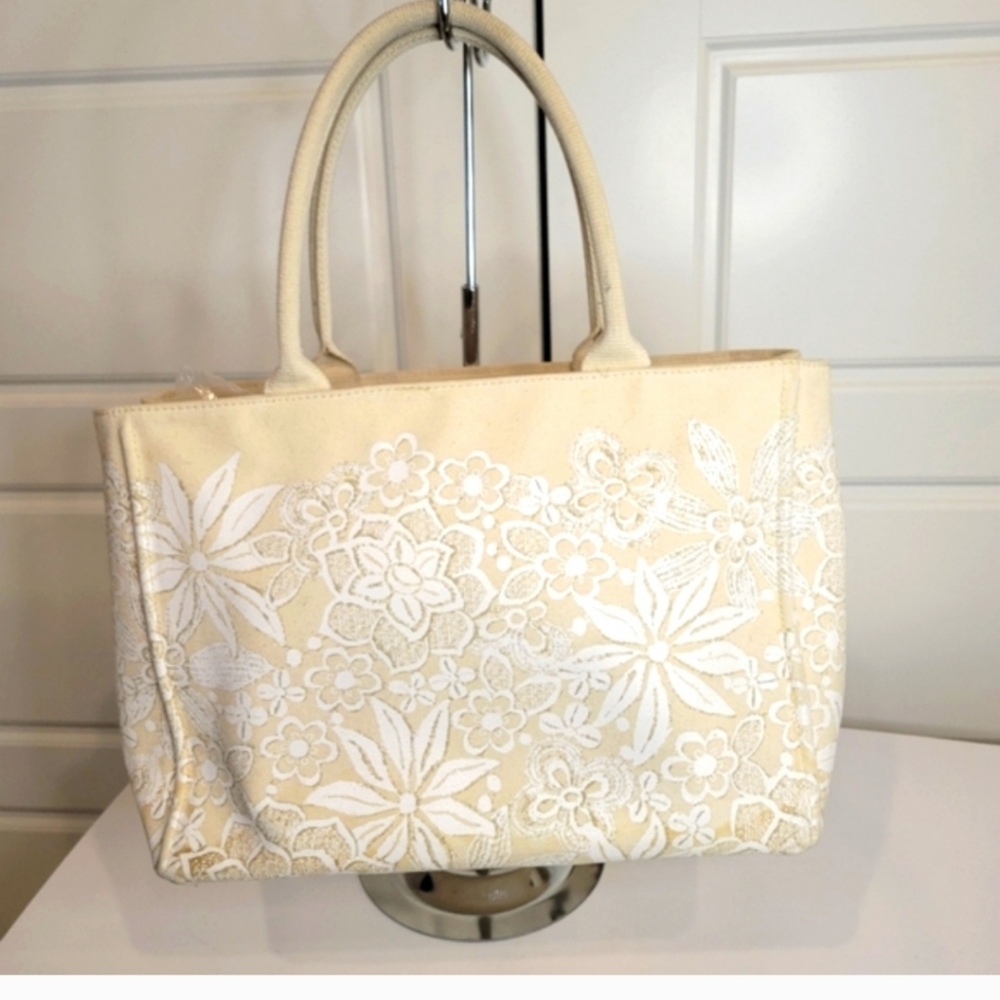 OSCAR DE LA RENTA CREAM FLORAL PATTERN TOTE BAG